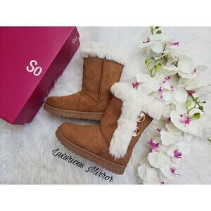 SO Abigail Women's Faux-Fur Chestnut Brown Winter Button Round Toe Boots Size 6